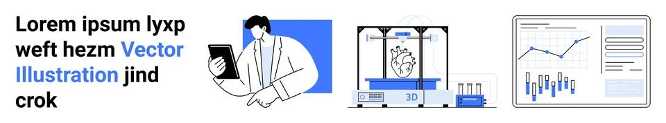 Doctor holding a tablet, 3D printer creating a heart, and a monitor displayin Stock Illustration