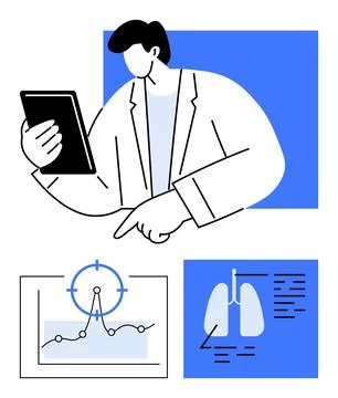 Doctor holding tablet, pointing at diagnostic charts and lung imagery for hea Stock Illustration