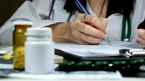 Doctor holds documents in hand checkup or diagnosis Doctors writing information Stock-Footage 336588253