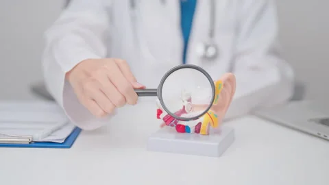 Doctor with human Ear anatomy model. Ear disease, Atresia, Otitis Media, Pe.. Stock Footage 337919902