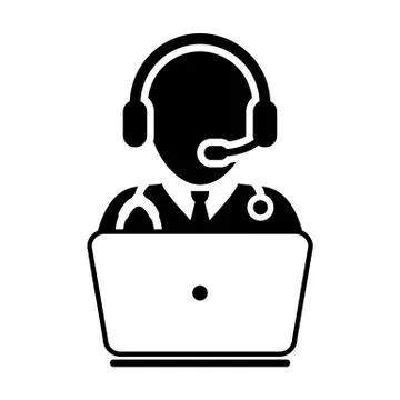 Doctor Icon - Flat Vector Person Avatar Symbol With Laptop and Headphone Stock Illustration