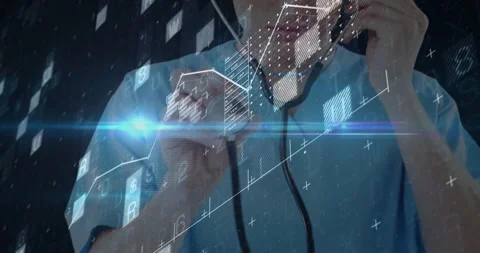 Doctor inserting earpieces and shifting chest piece showing vitals via evolving Stock Footage 314148212