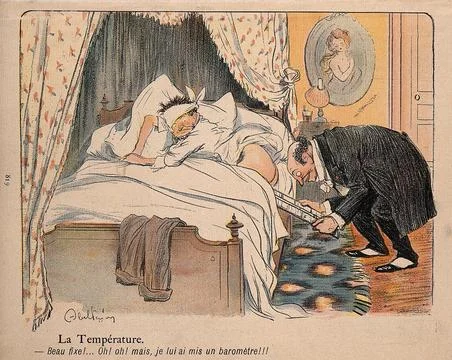 A doctor inserts a barometer, instead of a thermometer, in a patient's back.. Stock Illustration