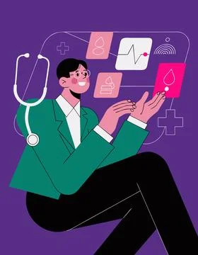 A doctor interacting with a digital interface displaying medical icons Illustrazione stock