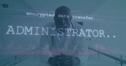 Doctor in lab coat with encrypted data transfer animation overlay Stock Footage 303624048