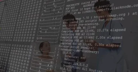 Doctor in lab coat explaining tablet scan to patient in exam room, with Nmap Illustrazione stock