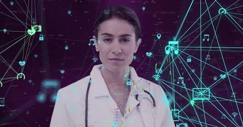 Doctor in lab coat surrounded by digital interface graphics, exploring Stock Illustration