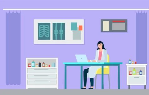 Doctor in Laboratory Working on Computer Vector Stock Illustration