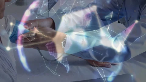 Doctor lifting arm, pumping cuff, holographic globe forming above cuff, Video stock 313704032