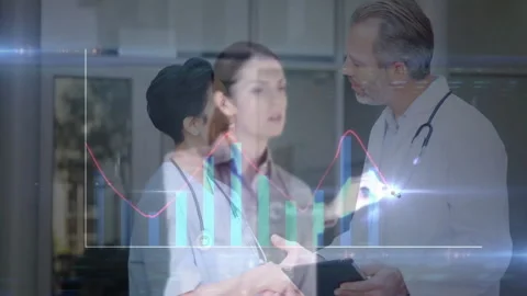Doctor lifting pointer and drawing red line on clear display, shaking hands 스톡 동영상 311663396