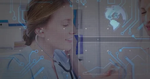 Doctor lifting stethoscope head activating transparent code globe overlay while Stock Footage 310317049