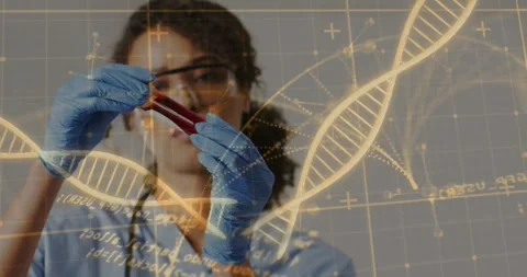 Doctor lifting vials to eye level, comparing samples, animated DNA helix linking Stock Footage 331108982