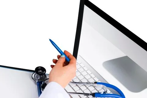 Doctor looking at blank empty screen computer tomography x-ray image isolated Stock Photos
