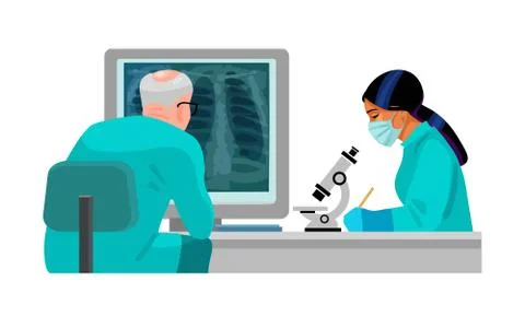 Doctor looking at computer with lungs x-ray picture. Woman assistant looking Stock Illustration
