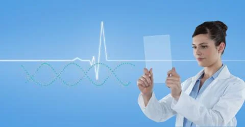 Doctor looking at pulse trace through  transparent screen Stock Photos