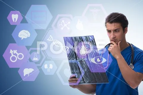 Doctor looking at x-ray image in telehealth concept Stock Photos