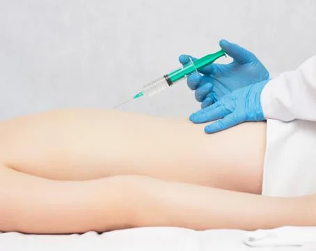 Doctor makes injection of trigger points on the girl s back, treatment of Stock Photos