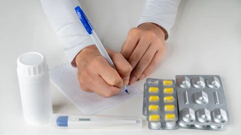 The doctor makes a note on the table with pills and a thermometer Stock Photos