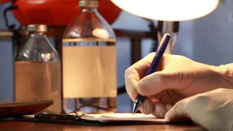 Doctor making treatment notes in his workbook Stock Footage 265199458