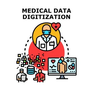 Doctor managing medical data digitization and health records Stock Illustration