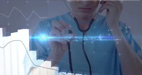 Doctor mapping data by pressing stethoscope on chart overlay with rising line Stock Footage 310438371