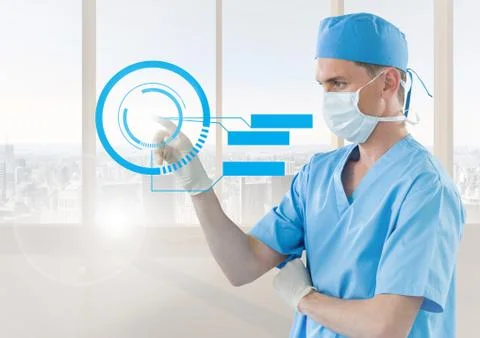 Doctor in mask with blue interface in front of window Stock Photos