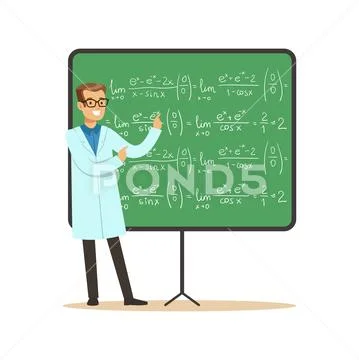 Doctor of mathematical sciences stands next to blackboard with formulas Stock Illustration