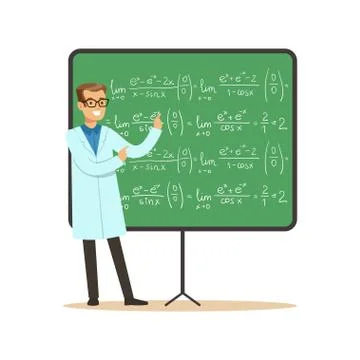 Doctor of mathematical sciences stands next to blackboard with formulas Stock Illustration
