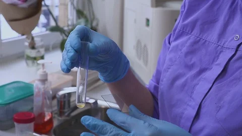 Doctor microbiologist using microscope and doing urine analysis in the Video stock 101605946
