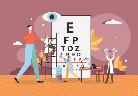 Doctor oculist testing patient eyesight pointing at eye chart symbols, vector Stock Illustration