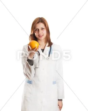 Doctor offers an orange Stock Photos