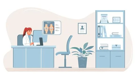 Doctor in office using computer at desk with anatomical poster on wall in m.. Stock Illustration