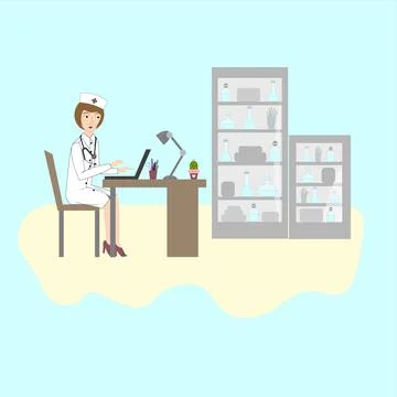The doctor in the office is working at the computer Stock Illustration