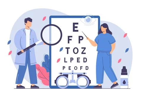 Doctor ophthalmologist check eyesight with eye test chart and eyeglasses Stock Illustration