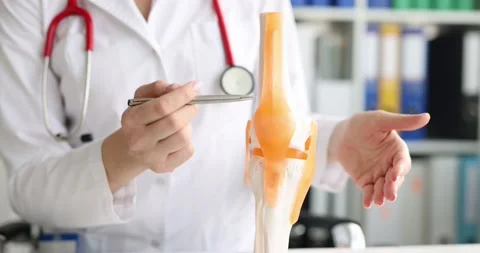 Doctor or trainee studying skeletal model of human knee Stock Footage 194413347