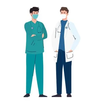 Doctor with paramedic using face mask during covid 19 on white background 库存插图