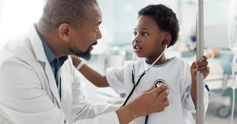 Doctor, patient and child with stethoscope, hospital and check up for health Stock Photos