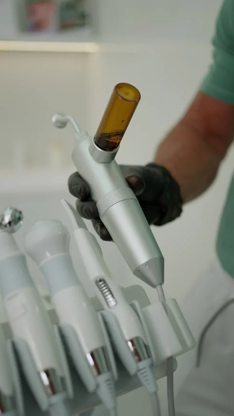 The doctor performs the procedure using an electric device by injecting a liquid Stock-Footage 251751564