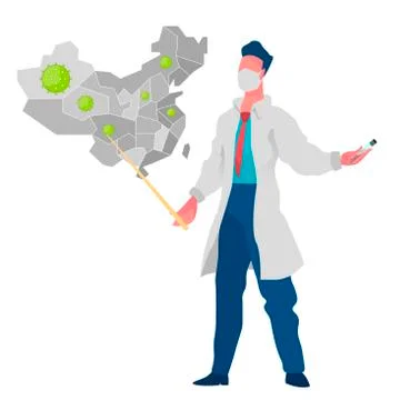 Doctor with a pointer in hand is showing the map of China, coronavirus 스톡 일러스트