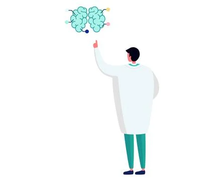 Doctor pointing at a floating brain model. Male scientist analyzing a brain Stock Illustration