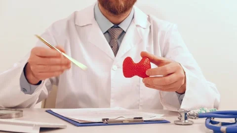 Doctor pointing on model of thyroid gland and give pills. Protection, treatment Stock Footage 261392880
