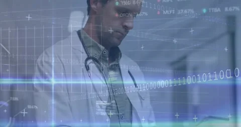 Doctor positioning and tapping tablet, holographic overlay showing code and Stock Footage 329850992