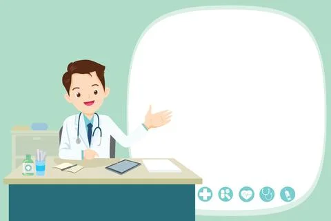 Doctor present and sitting at the table with empty space Stock-Illustration