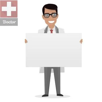 Doctor on presentation. White Board for presentation. Happy physician Illustrazione stock