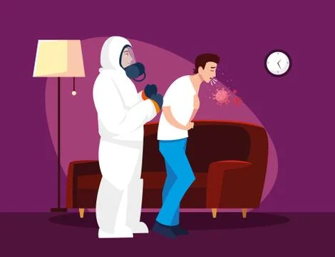 Doctor with protective suit checking man at home vector design Stock Illustration