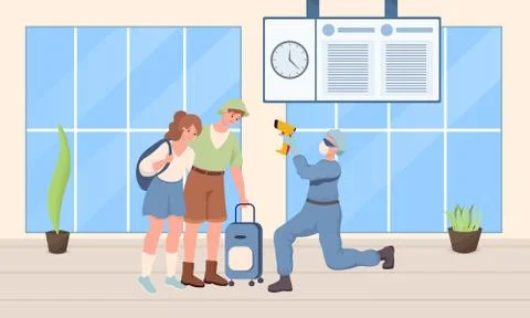 Doctor in protective suit checking temperature of travelers vector flat Stock Illustration