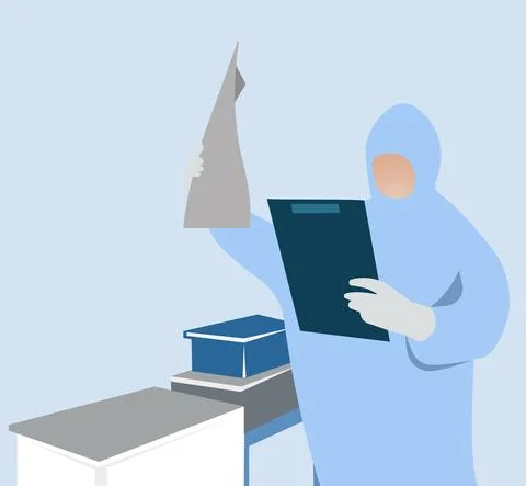 A doctor in a protective suit with a tablet for notes. Stock Illustration