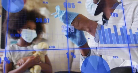 Doctor pulling gloves triggers animated bar chart while preparing test swab for Vídeos de archivo 329110883