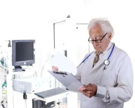 Doctor in pulmonary function lab looking at a clipboard Stock Photos