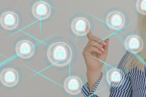 Doctor pushing button locked shield virus security virtual healthcare network Stock Photos